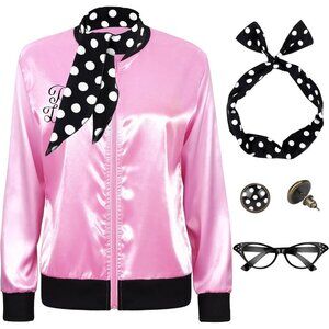Women's Pink Satin Jacket with Polka Dot Scarf Headband Earrings Eye Glasses